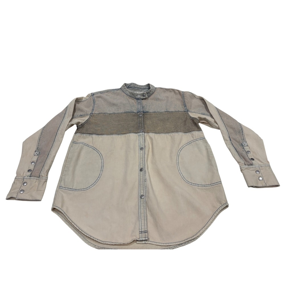 We The Free Mens Medium Denim Shirt Colorblock Acid Wash Snap Front Band Collar